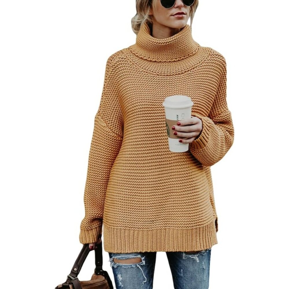 Asvivid Womens Turtleneck Winter Warm Chunky Knit Sweater, Khaki, Size Medium